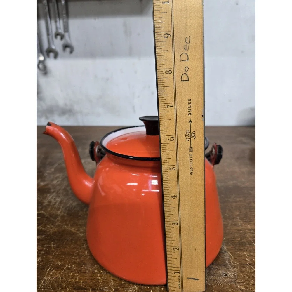 Vintage Huta Silesia Poland Orange Enamelware Tea Kettle Teapot Retro MCM